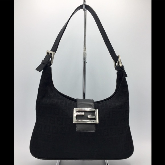 Fendi Handbags - Fendi Black Zucca Canvas Leather Shoulder Bag